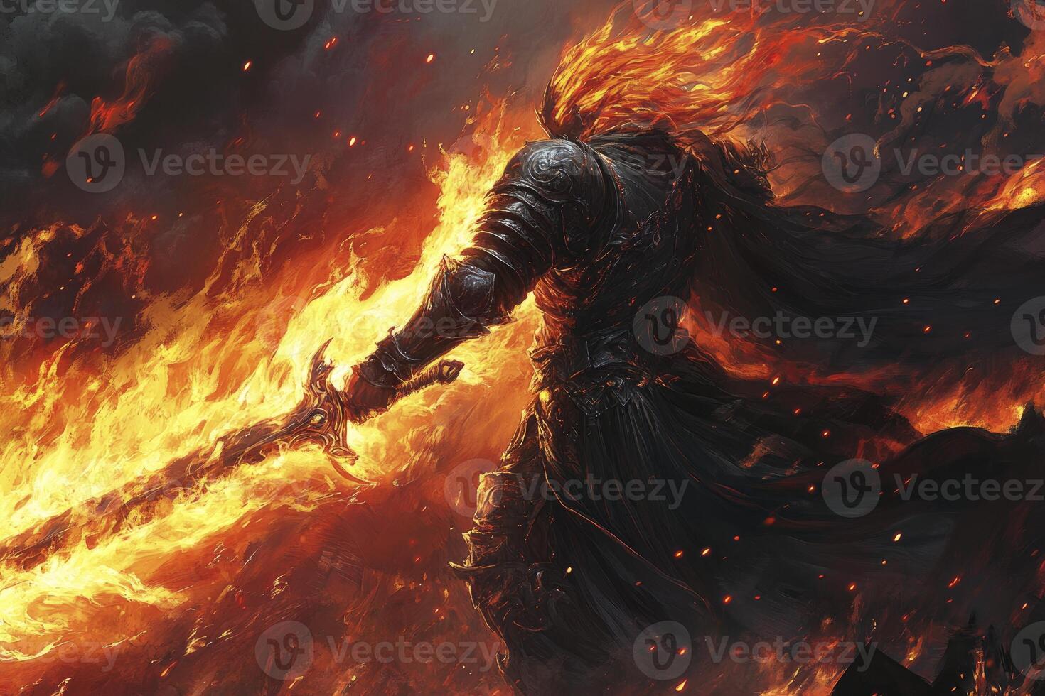 Armored Warrior Wielding Fiery Sword Amidst Flames and Smoke Fantasy Illustration photo