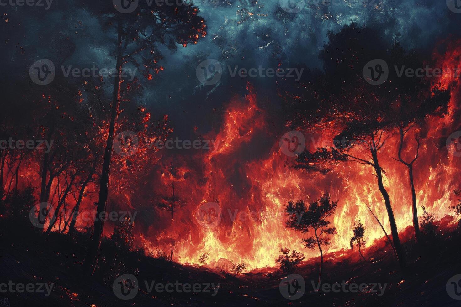 Forest Engulfed by Flames a Dramatic Wildfire Burning Through Trees photo
