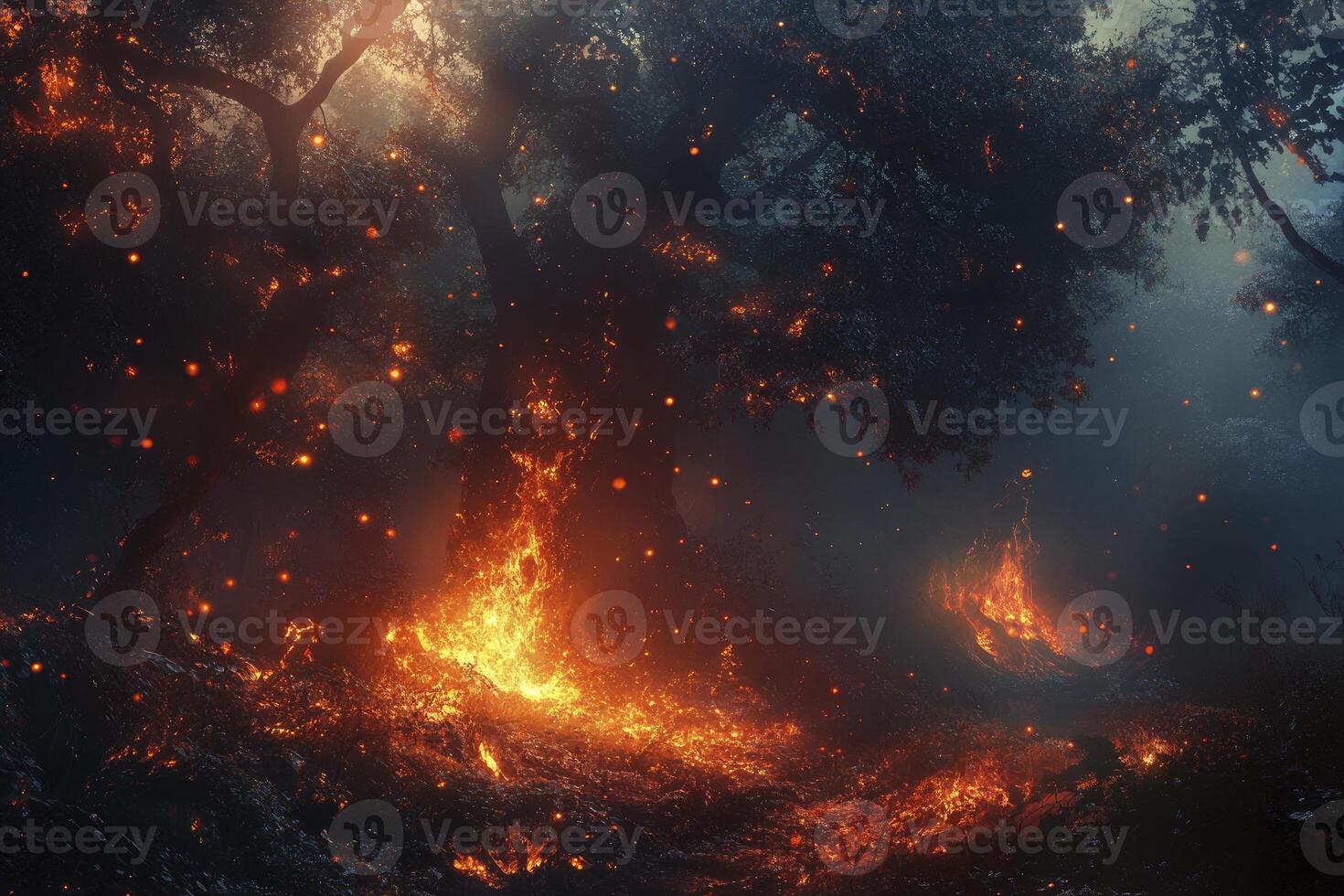 Burning Forest Landscape with Fiery Flames and Glowing Embers in Dark Setting photo
