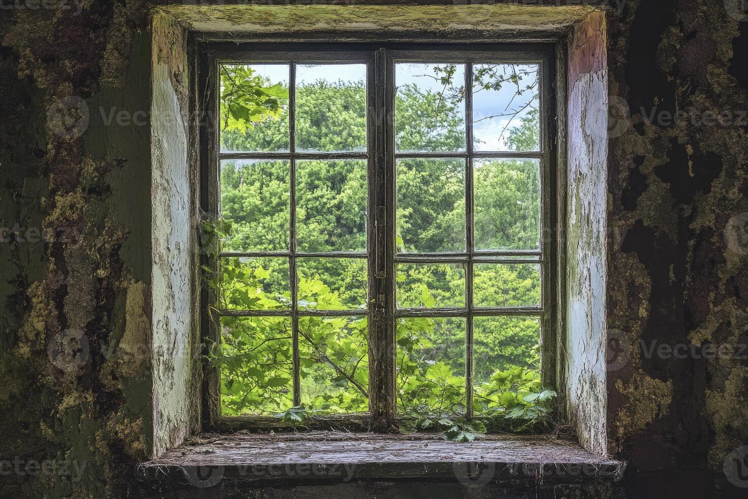 Looking Through Weathered Window at Green Trees in Abandoned House photo