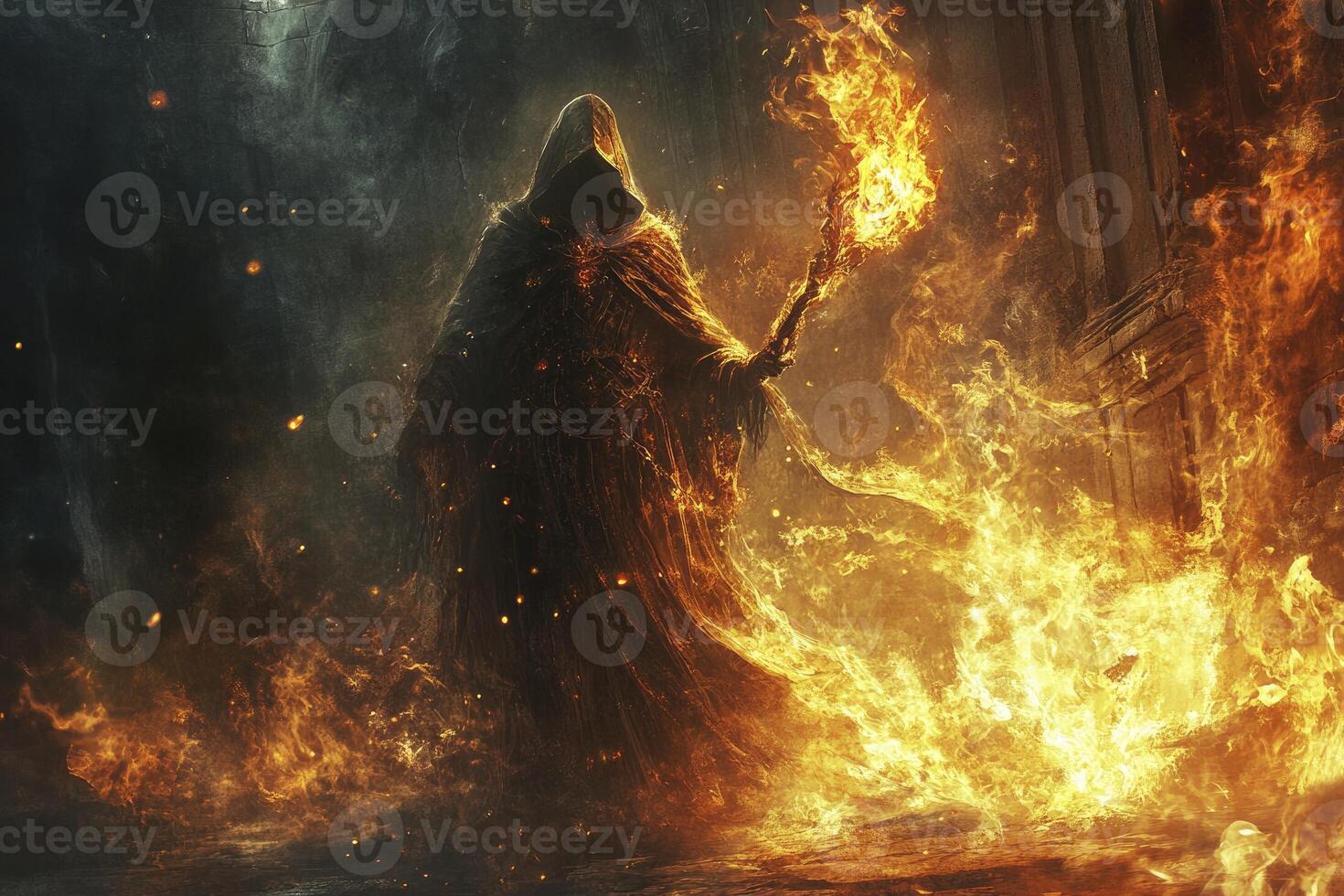 Mysterious Figure in Robe Holding Torch Amidst Fiery Flames photo