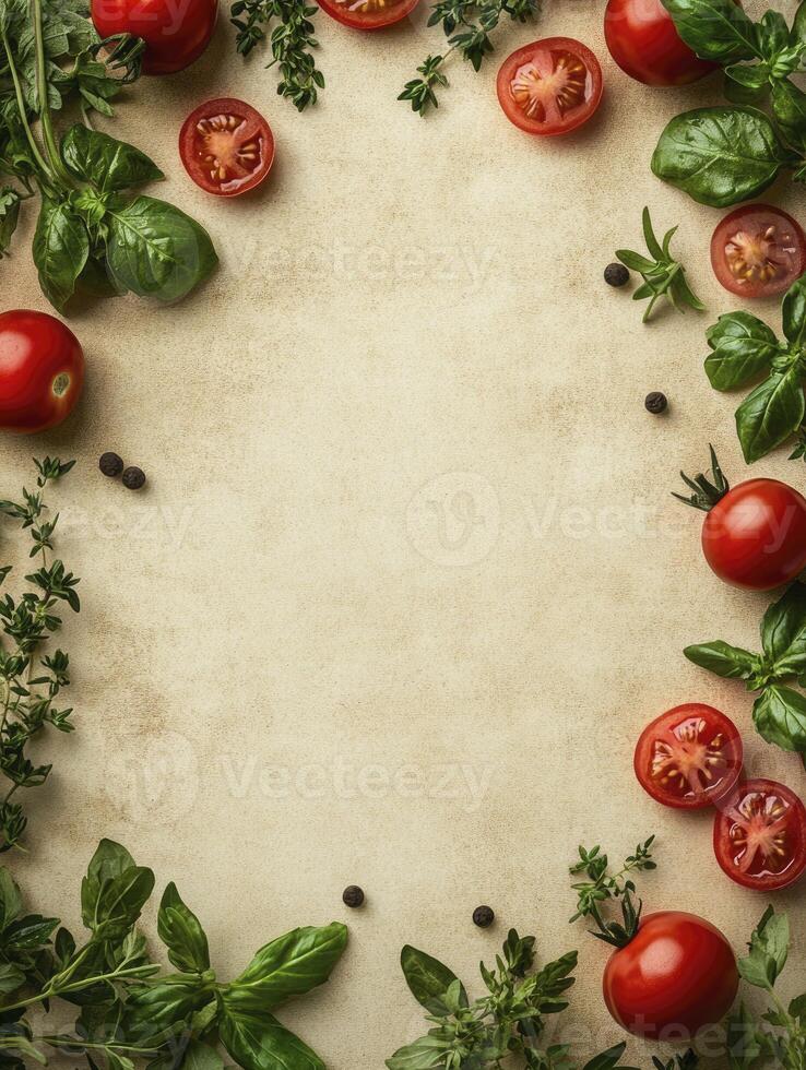 Fresh Tomatoes Basil and Thyme Herb Frame on Neutral Textured Surface photo