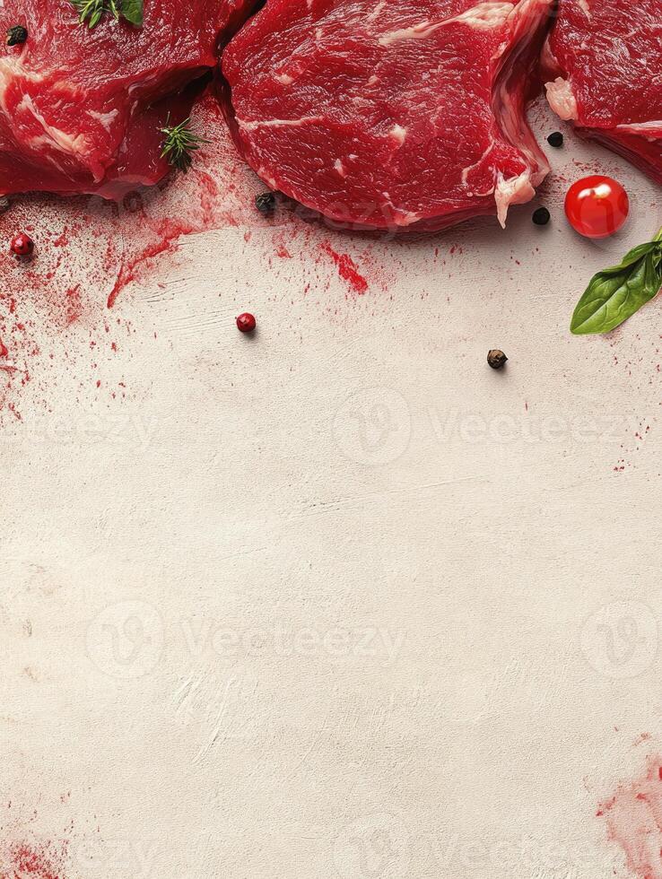 Raw Beef Steaks with Spices and Herbs on Rustic Background photo