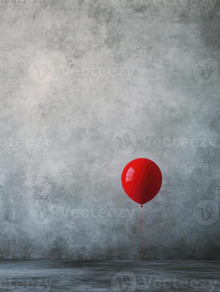 Single Red Balloon Floating Against a Textured Gray Background Still Life photo