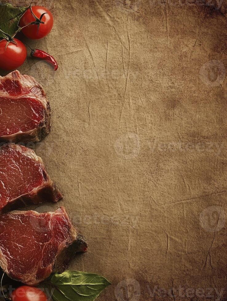Raw Beef Steak with Tomatoes and Spices on Rustic Paper Background photo