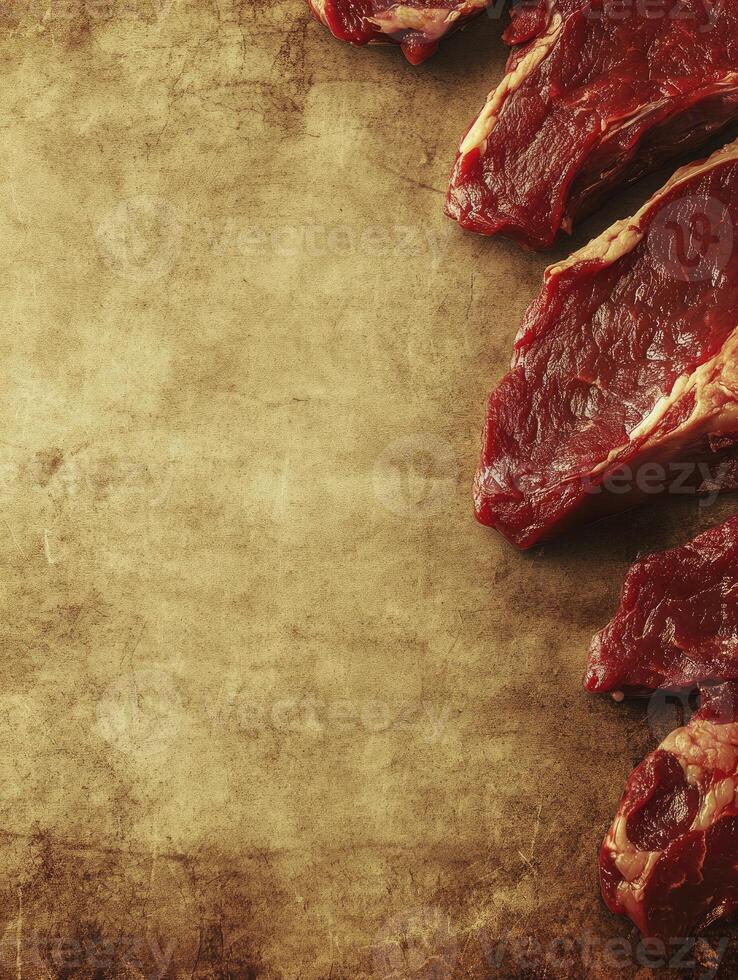 Raw Beef Steaks on Rustic Background with Empty Space for Text photo