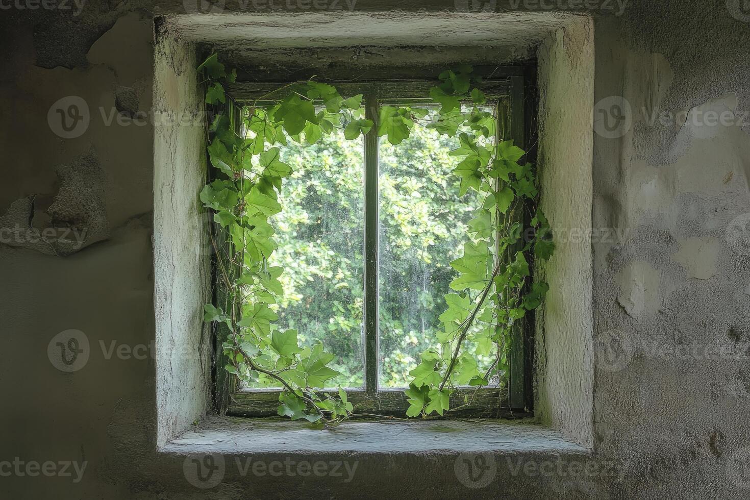 Ivy Climbing Around Rustic Window Frame Overlooking a Green Outdoor Scene photo