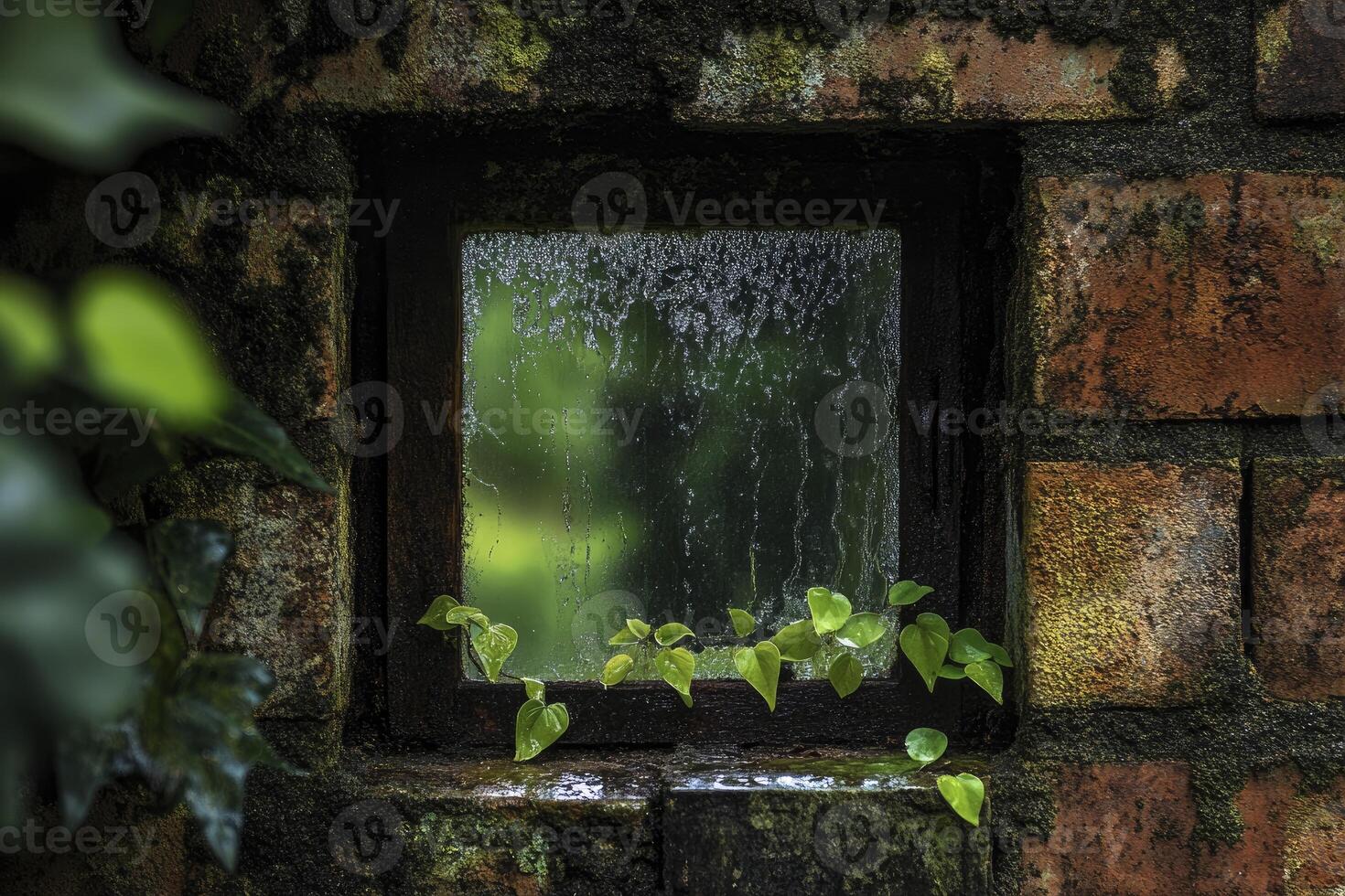 Rainy Window View with Green Vine and Old Brick Wall Texture photo