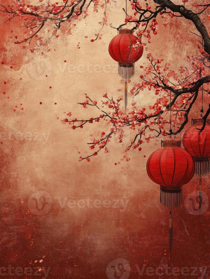 Hanging Red Lanterns with Cherry Blossoms Illustration for Asian Festive Design photo