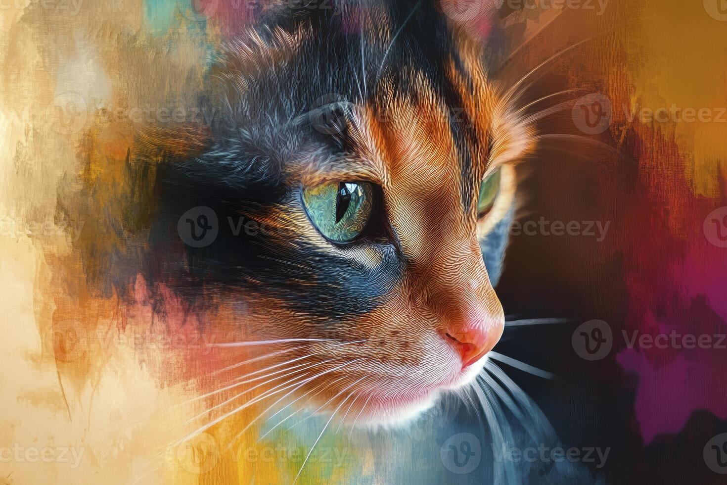 Calico Cat Close-up with Expressive Green Eyes and Artistic Abstract Background photo