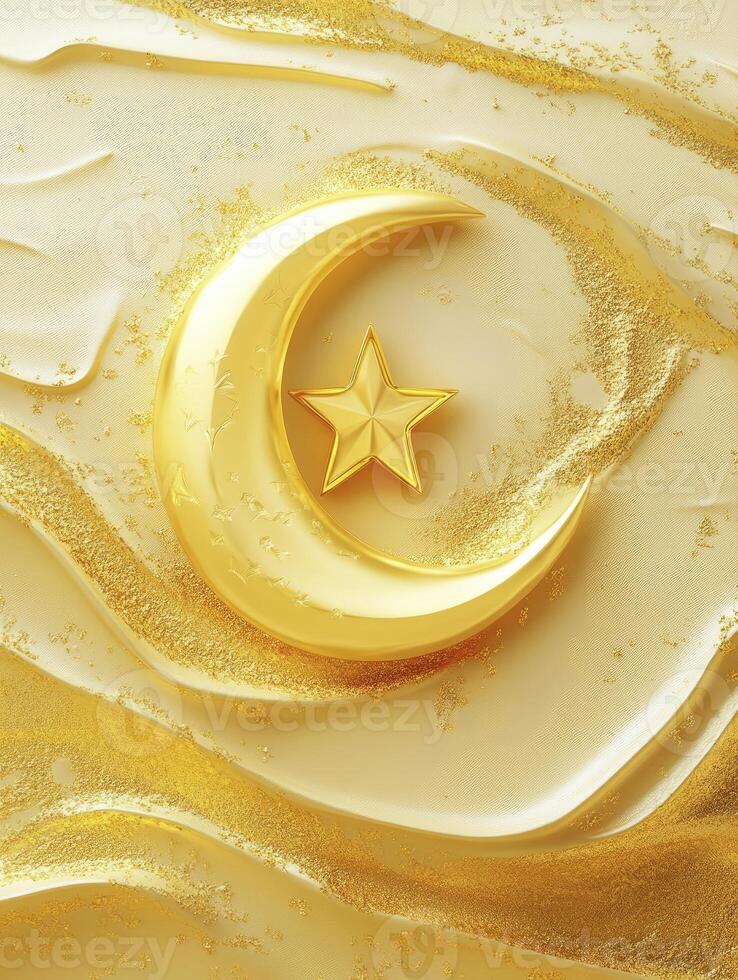 Golden Crescent Moon and Star on Textured Background for Islamic Design photo