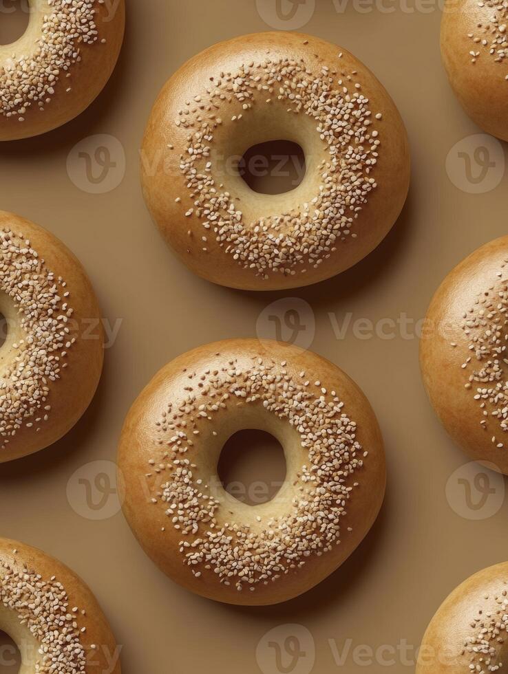 Fresh Sesame Bagels Pattern Delicious Breakfast Food Background Top View photo