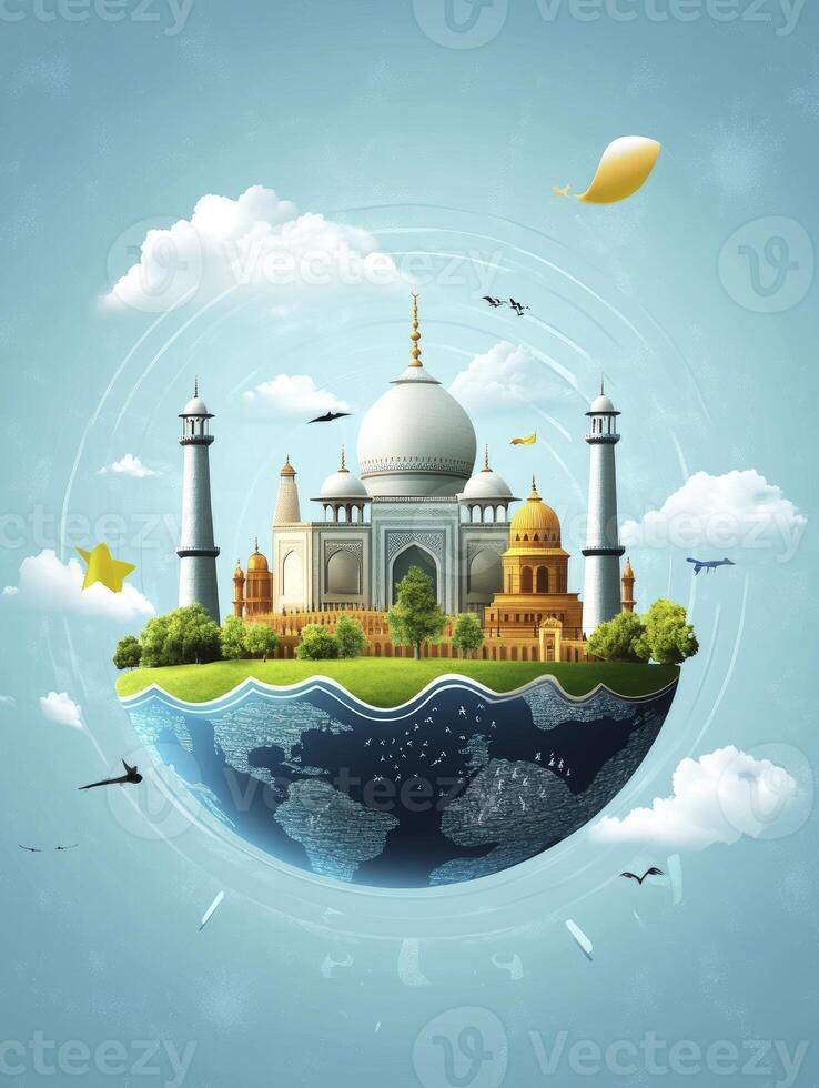 Taj Mahal on Globe Surreal Image with Birds and Flying Objects photo