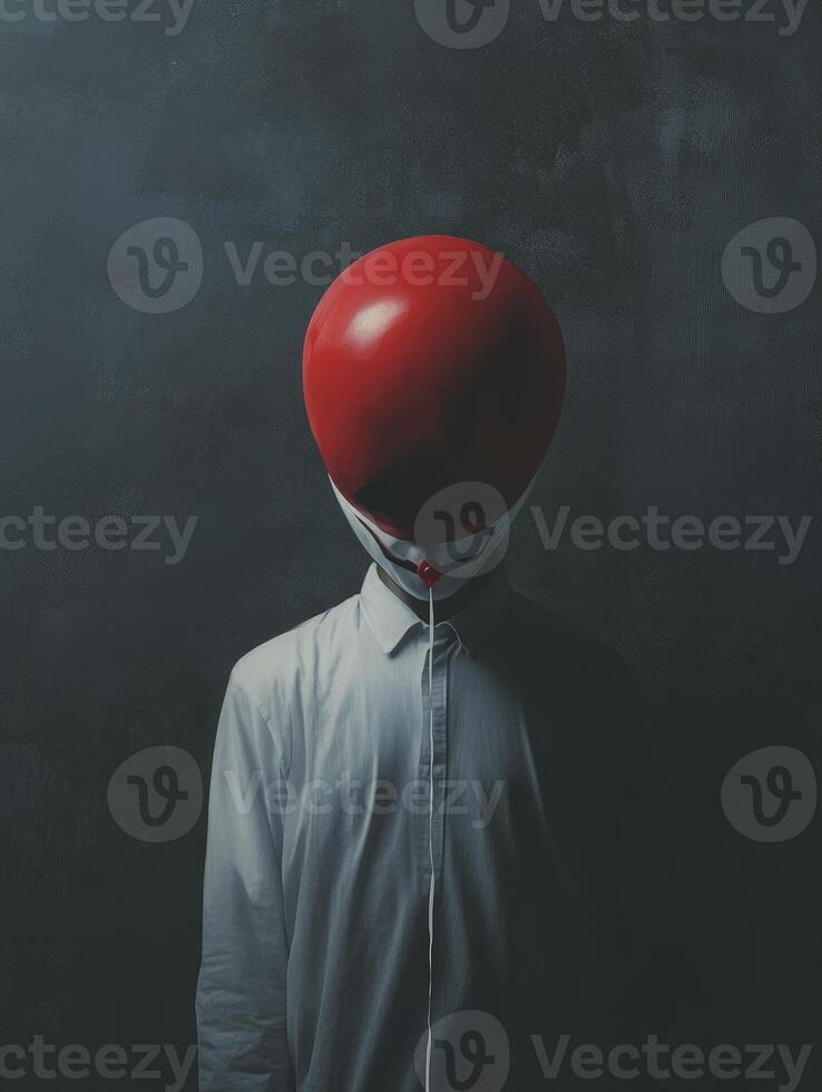 Person Hiding Face Behind Red Balloon in Dark and Mysterious Setting photo