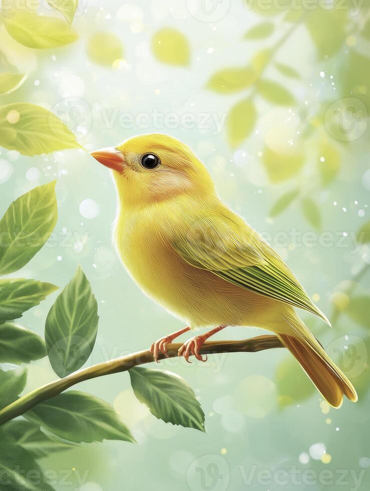 Bright Yellow Bird Perching on Branch with Green Leaves and Bokeh Background photo