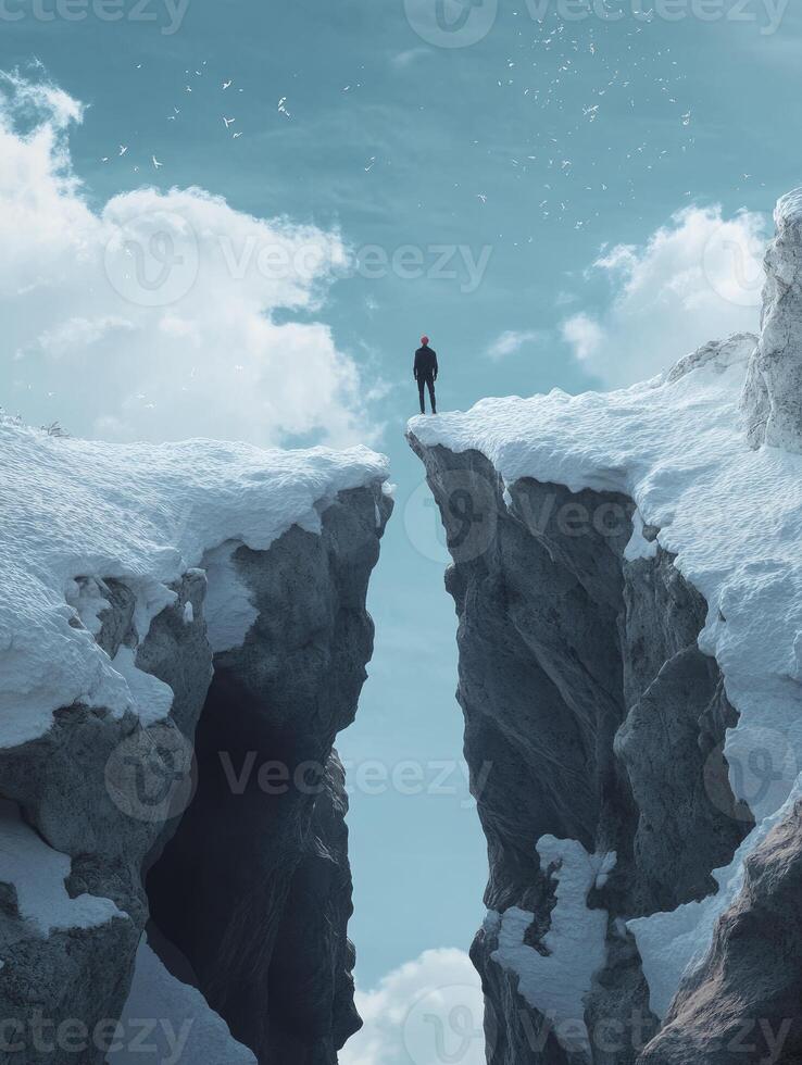 Man Standing on Snowy Cliff Edge Overlooking Blue Sky Landscape photo