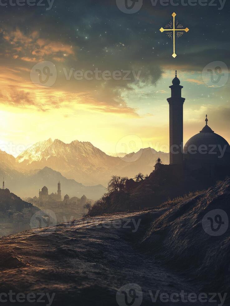 Mosque Silhouette Under Cross with Distant City and Mountain View photo