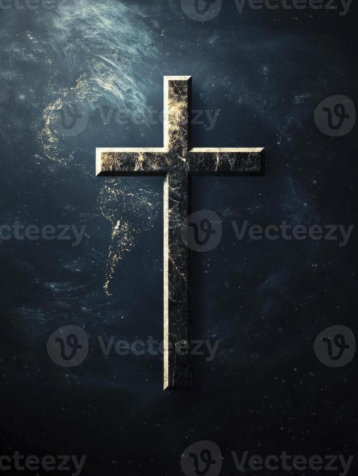Christian Cross Symbol Against Deep Space Background with Golden Light photo