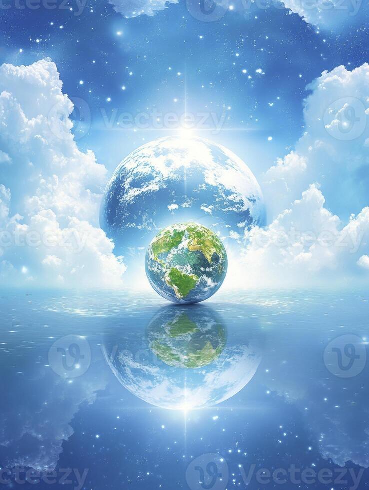 Earth and Moon Over Water Digital Art with Reflection and Clouds photo