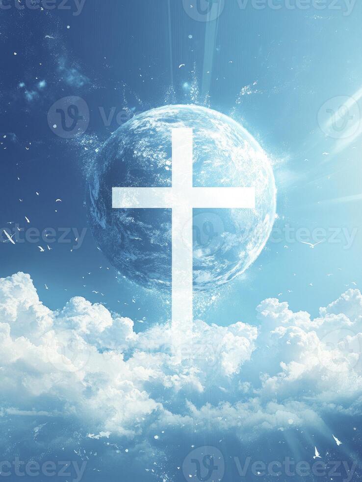 Christian Cross Rising Above Clouds with Planet in Sky photo