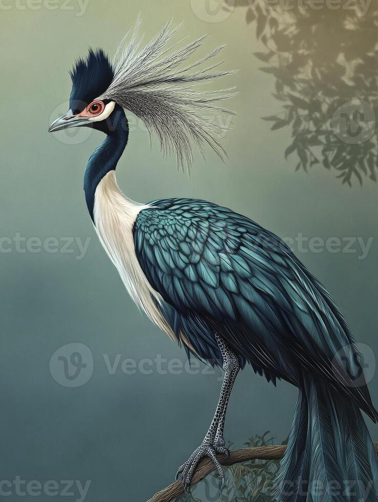 Elegant Crowned Crane Bird Perched on Branch with Detailed Feather Texture photo