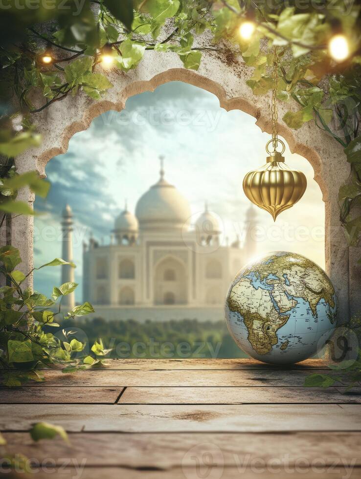 Globe and Taj Mahal Seen Through Archway with Hanging Lantern photo