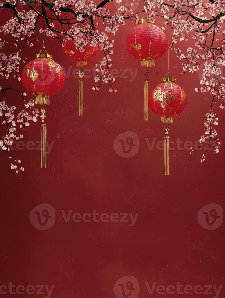Red Chinese Lanterns Hanging From Blooming Branches on Red Backdrop photo