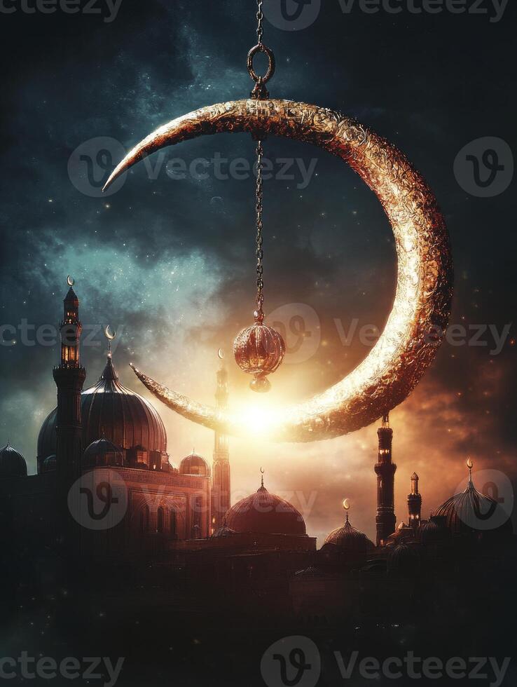 Golden Crescent Moon and Mosque Silhouette at Night Celebration Background photo