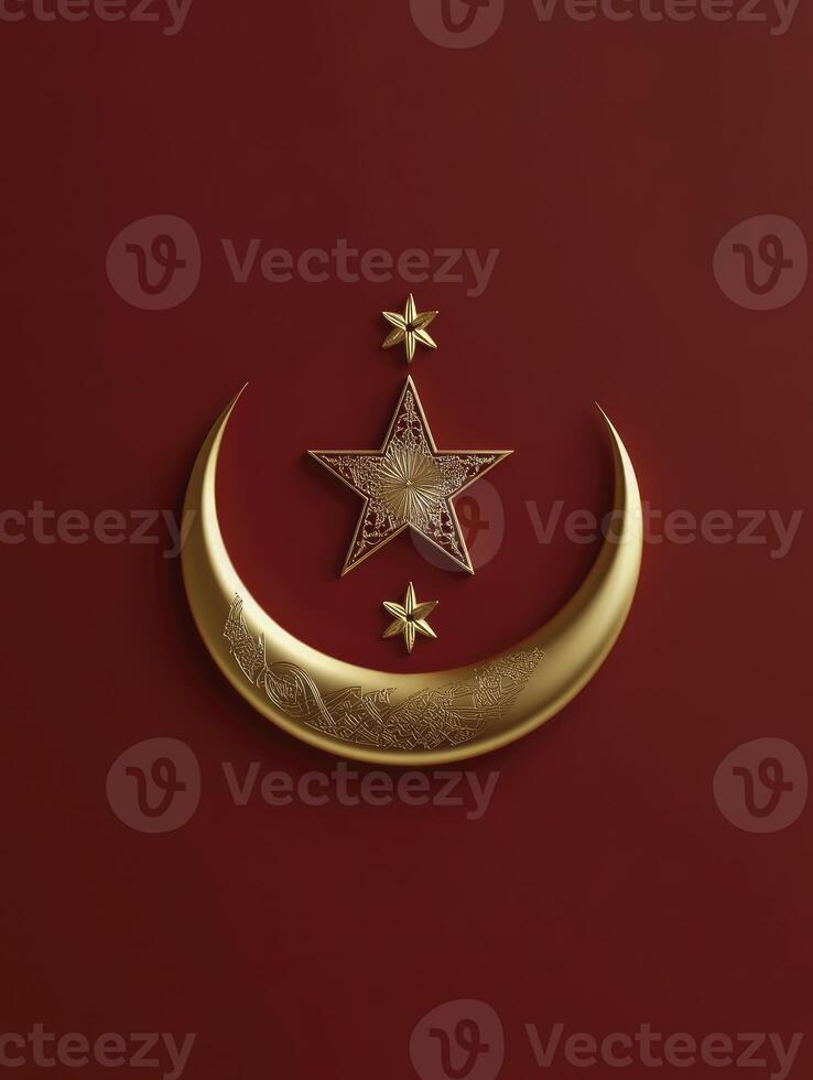 Golden Crescent Moon and Stars on Red Background for Islamic Holidays photo