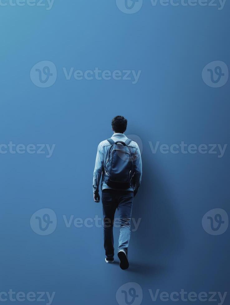 Person Walking Towards Blue Wall with Backpack Minimalist Modern Design photo