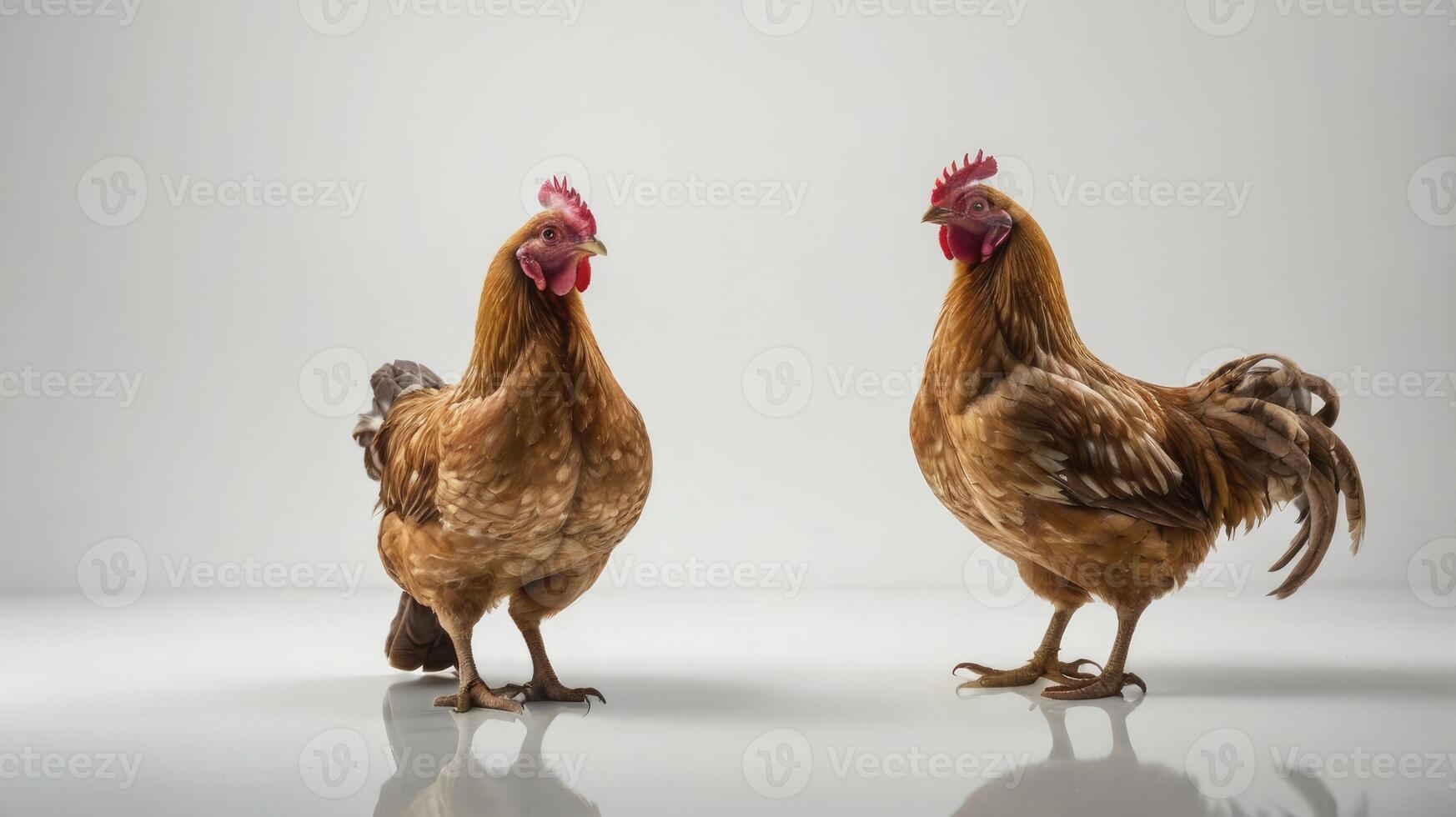 Two Brown Chickens Standing Indoors on a White Reflective Surface photo