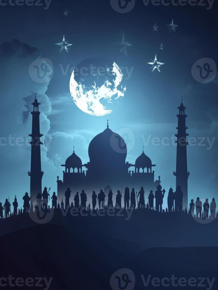 Mystical Mosque Silhouette with Crowd Under Moonlight and Starry Sky photo