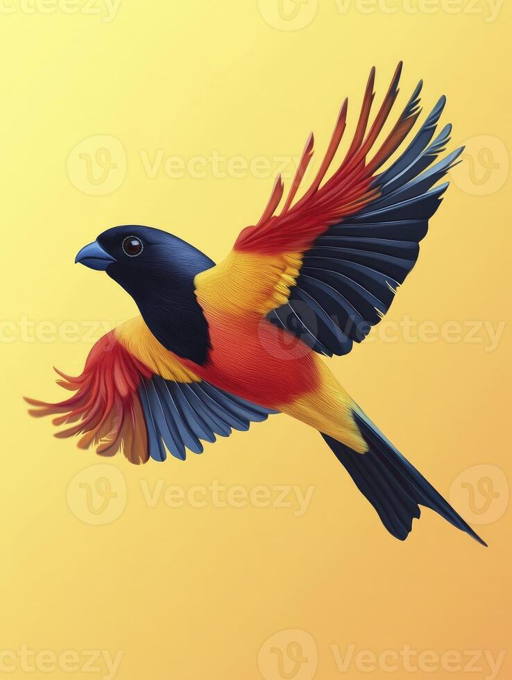 Colorful Bird in Flight Against Golden Background Avian Art Illustration photo