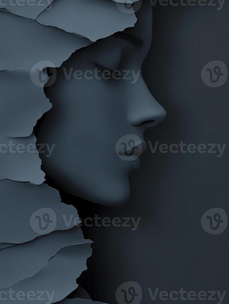 Woman Profile Emerges From Cracked Surface with Calm Expression in Grayscale photo