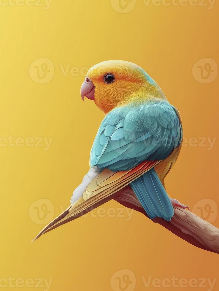 Colorful Lovebird Perched on Branch Against Warm Background Looking Back photo