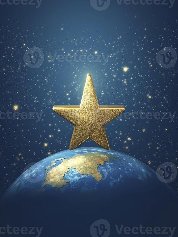 Golden Star Standing on Planet Earth with Shining Stars Background photo