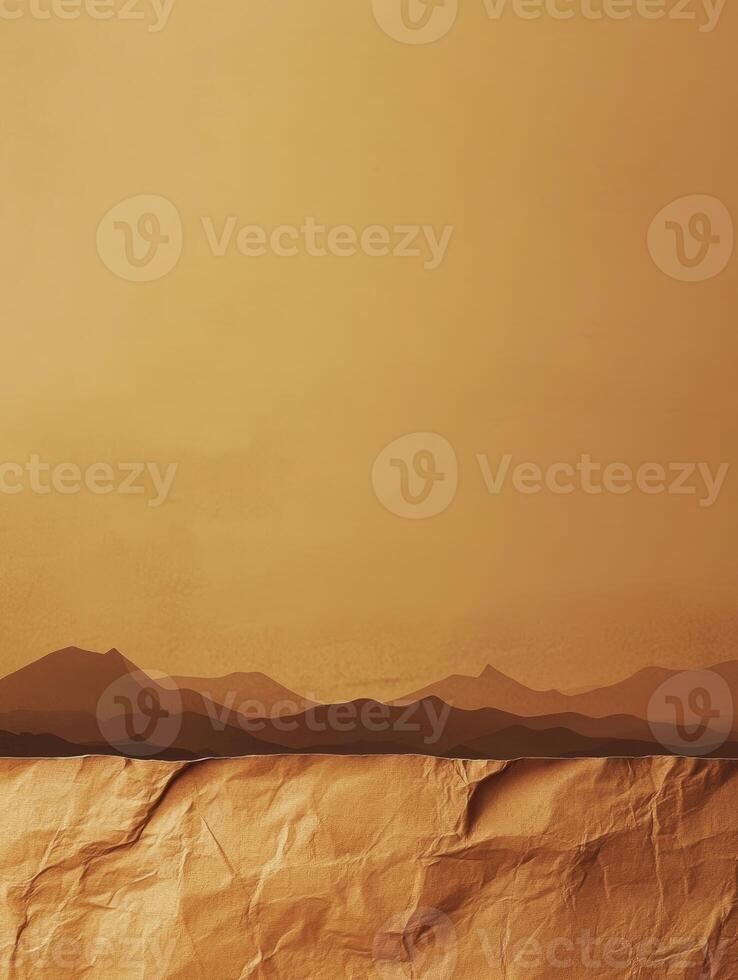 Abstract Mountain Landscape Artwork with Crumpled Brown Paper Foreground Texture photo