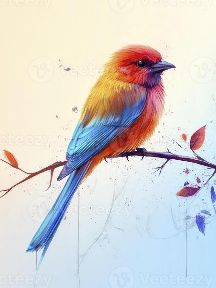 Colorful Bird Perched on Branch Illustration with Artistic Splatter photo