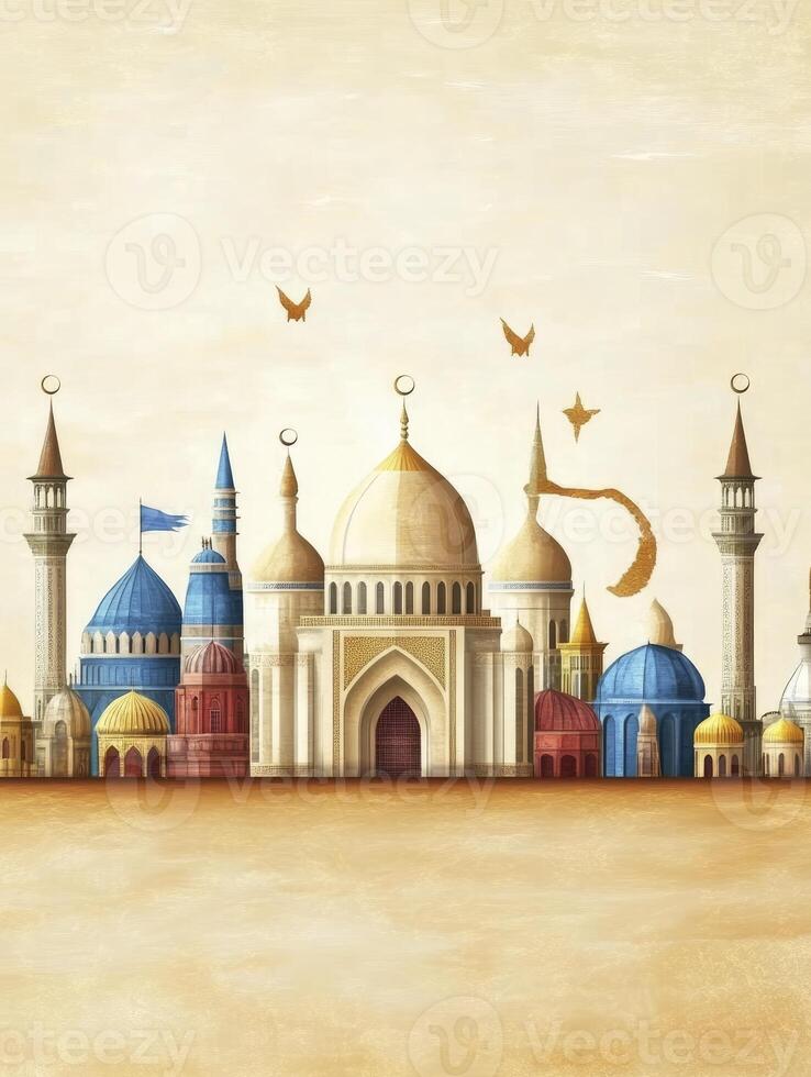 Digital Painting of Middle Eastern Buildings with Minarets and Crescent Moons photo