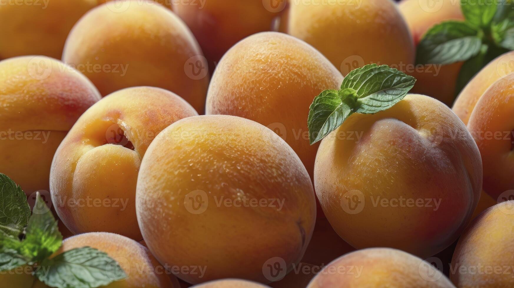 Close-up of Fresh Peaches with Mint Leaves for a Healthy Diet photo