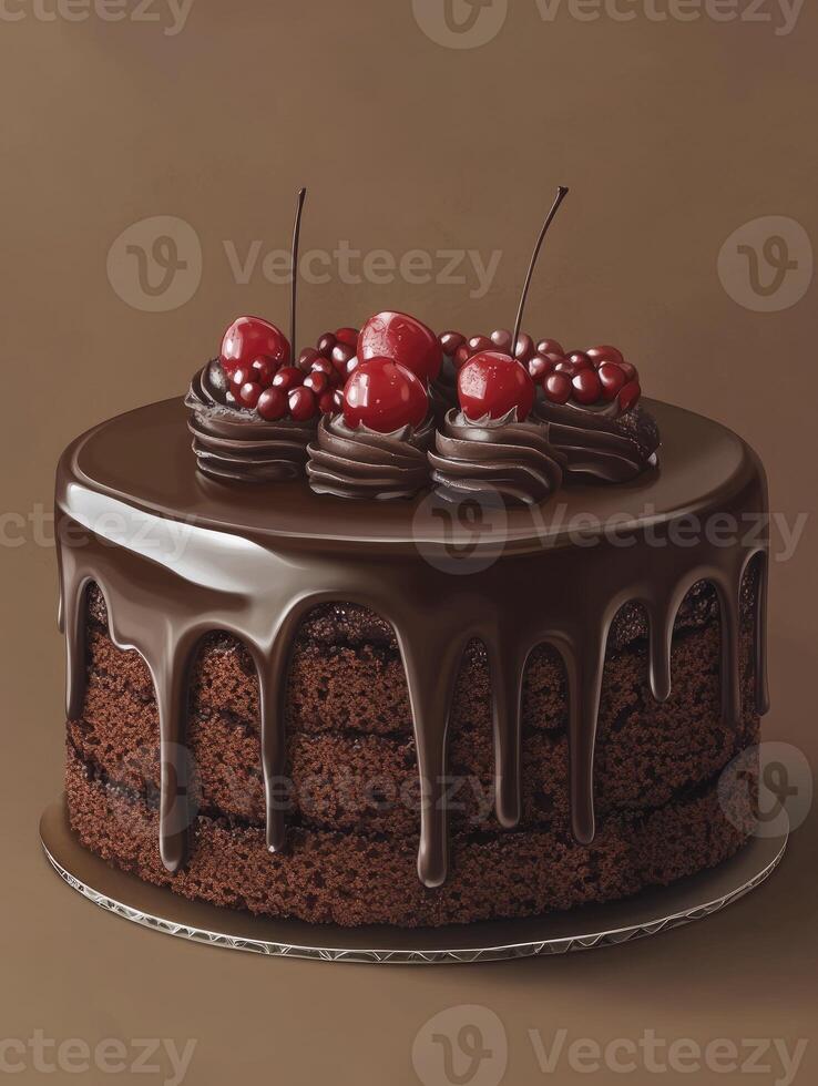 Delicious Chocolate Cake with Cherries and Dripping Ganache Frosting photo