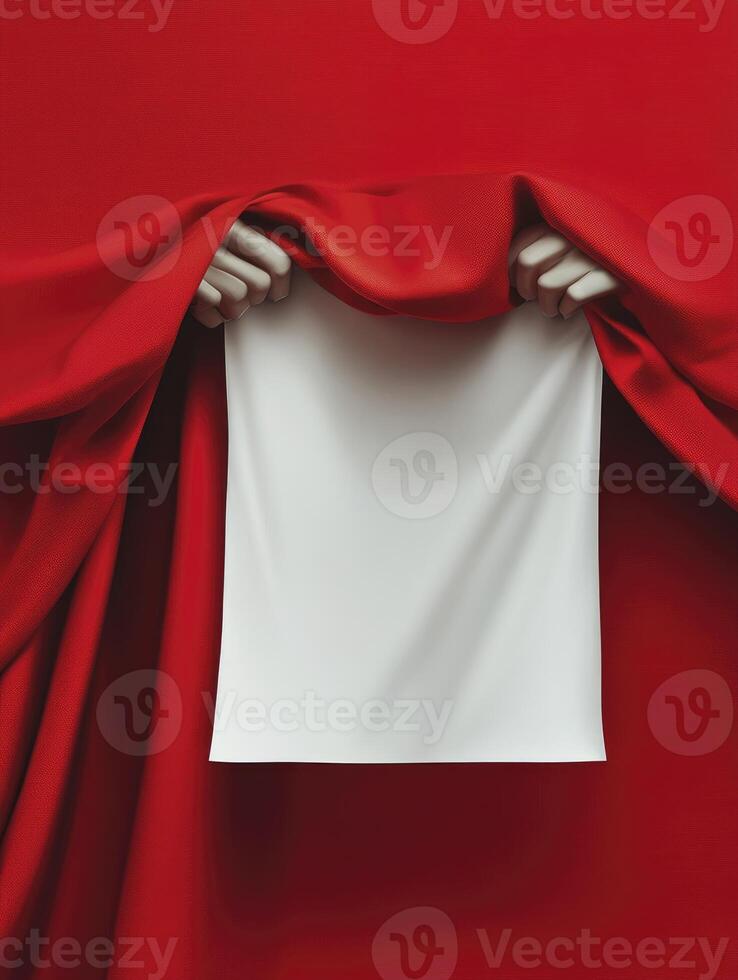 Hands Holding White Cloth Against Red Backdrop - Space for Text photo
