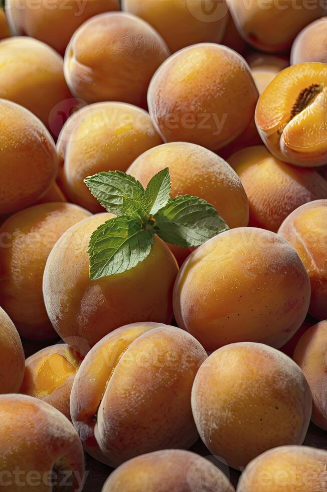 Ripe Apricots and Fresh Mint Leaves Filling Frame for Healthy Eating photo