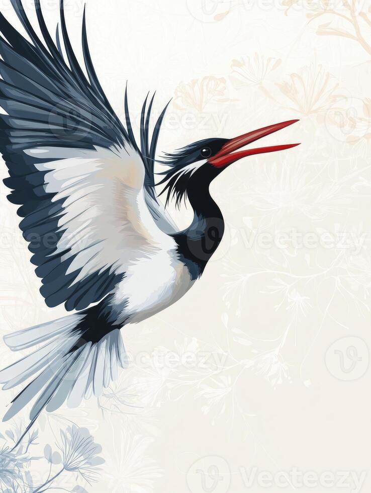 Illustrated Maguari Stork Taking Flight with Elegant Floral Background Pattern photo