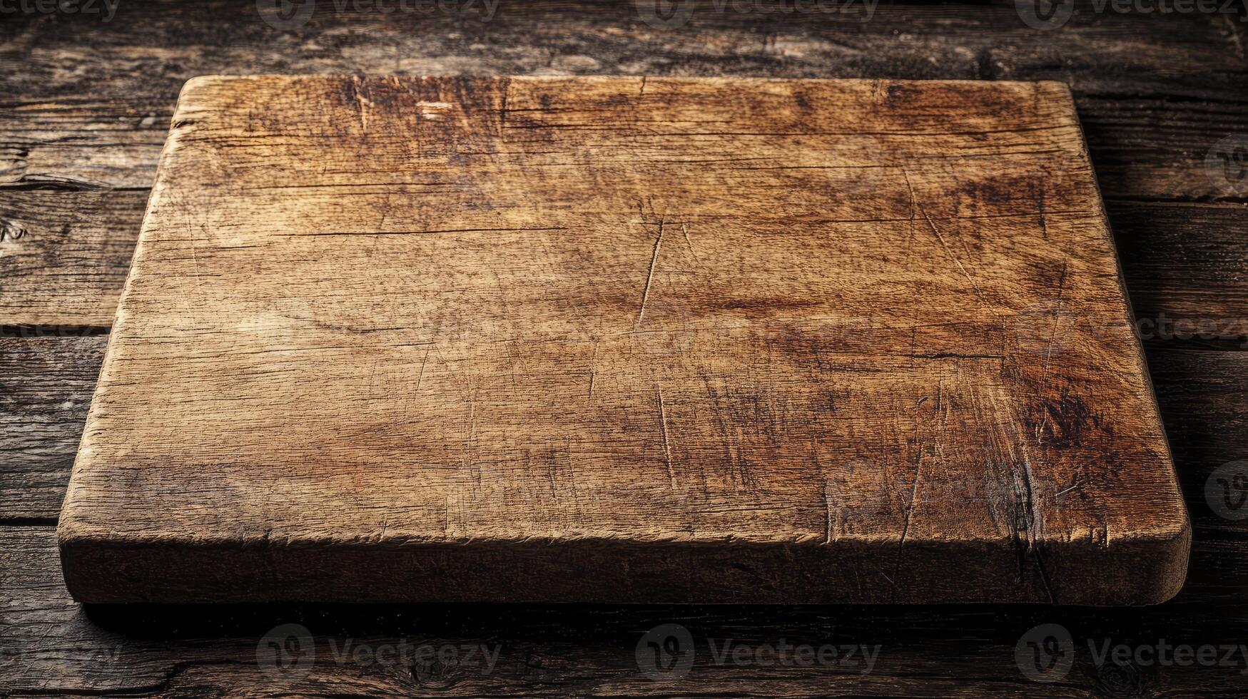Rustic Wooden Cutting Board on Weathered Wood Surface for Food Photography photo