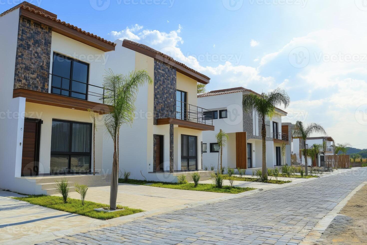 Modern Residential Houses with Palm Trees Under a Sunny Sky photo