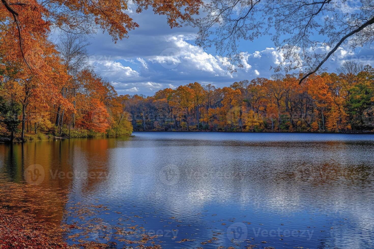 Autumn Lake Reflection with Colorful Fall Foliage and Cloudy Blue Sky photo