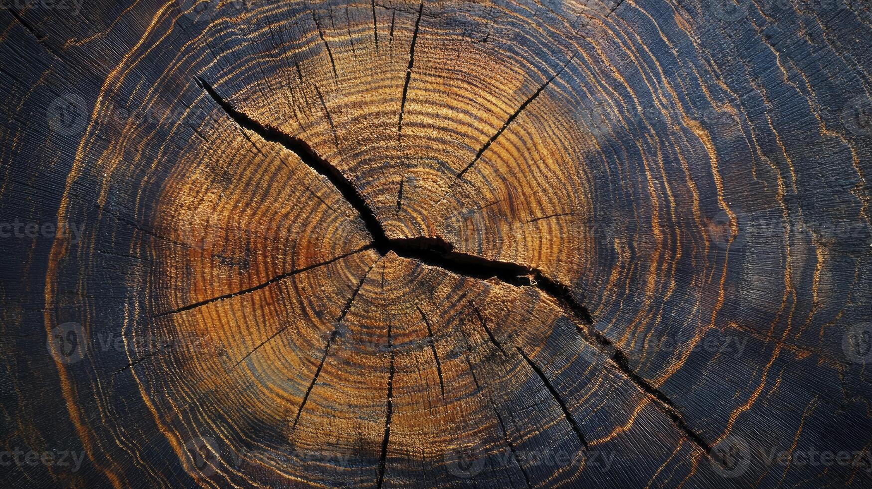 Examining Tree Trunk Cross Section with Growth Rings and a Crack photo