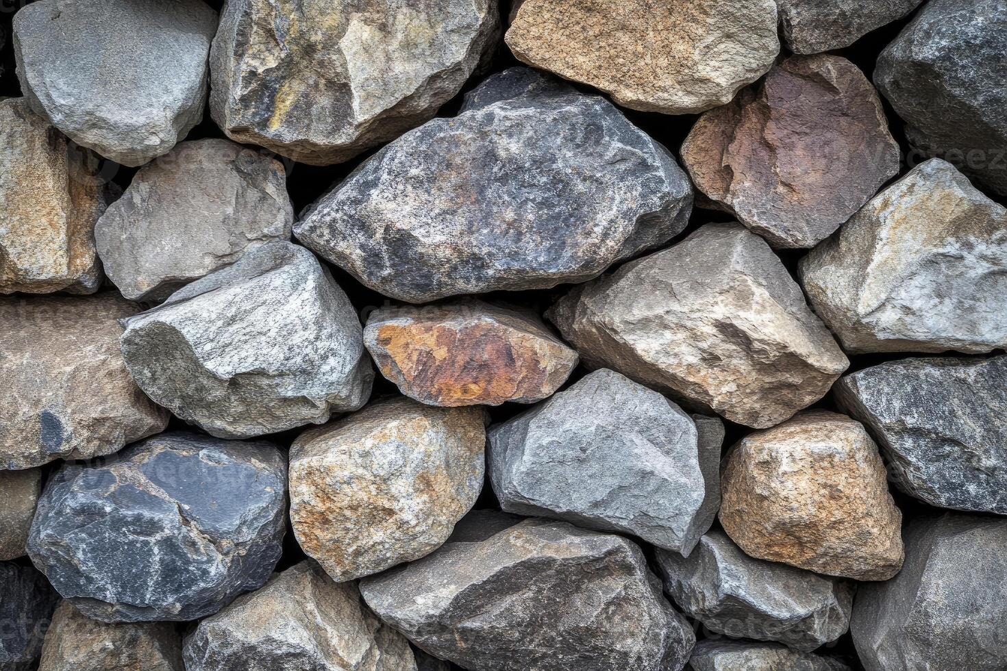 Stone Wall Construction with Natural Rock Textures and Colors Close Up photo
