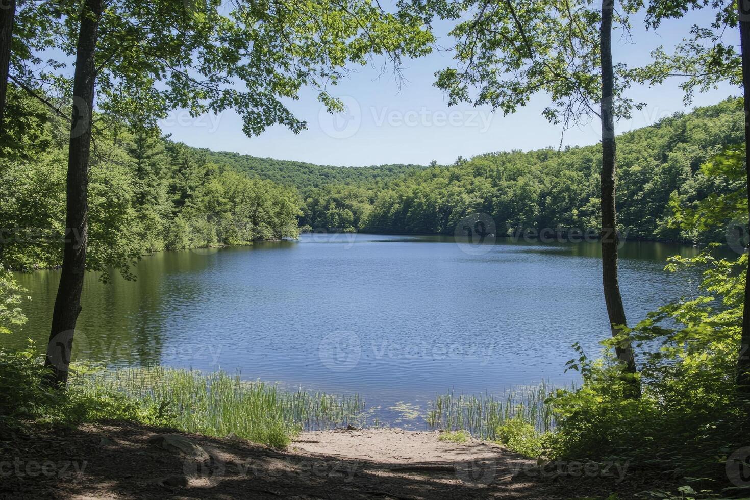 Scenic Lake View Framed by Forest Trees in Summer Landscape photo